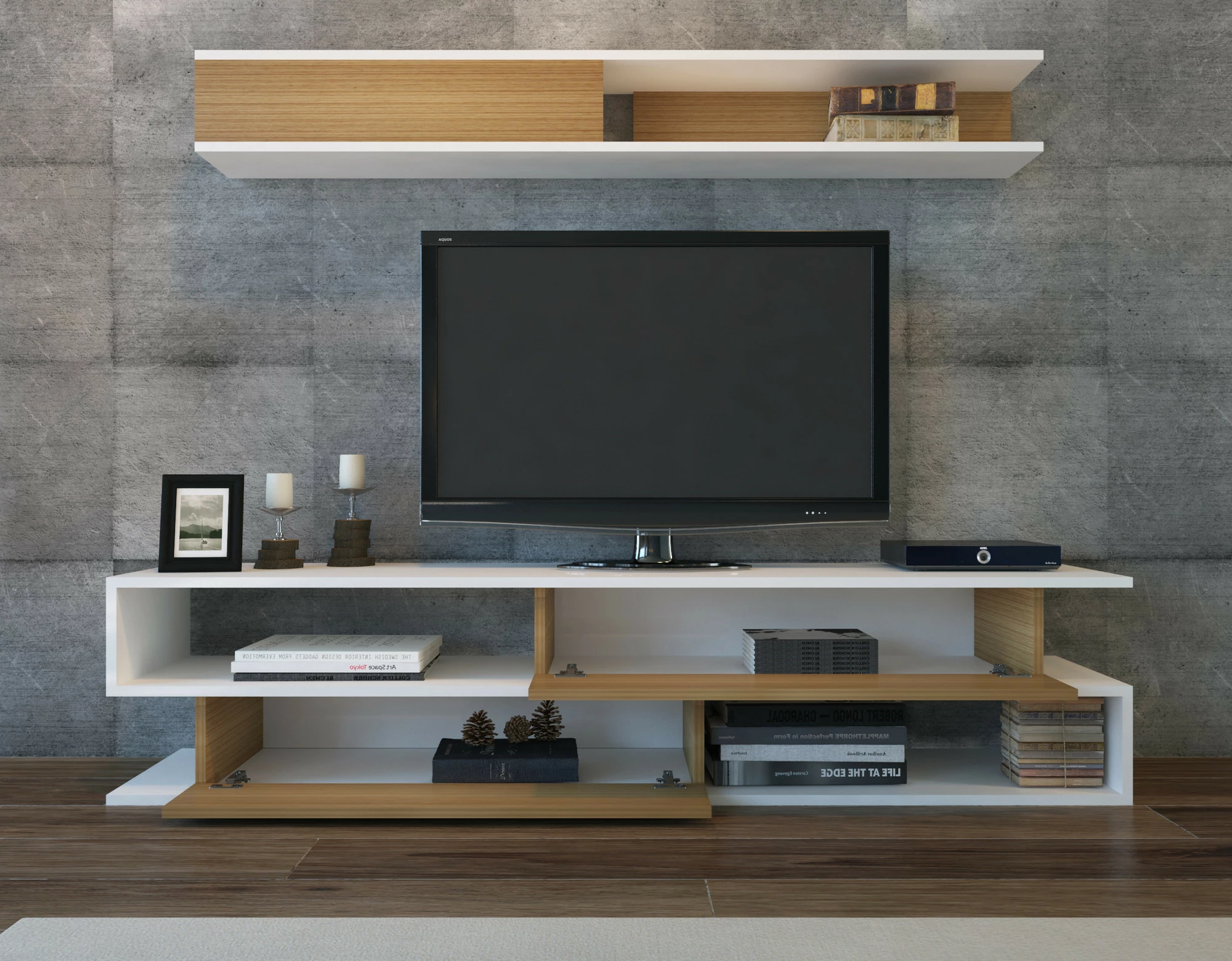Komodë TV Hanah Home, Sims, e bardhë dhe teak