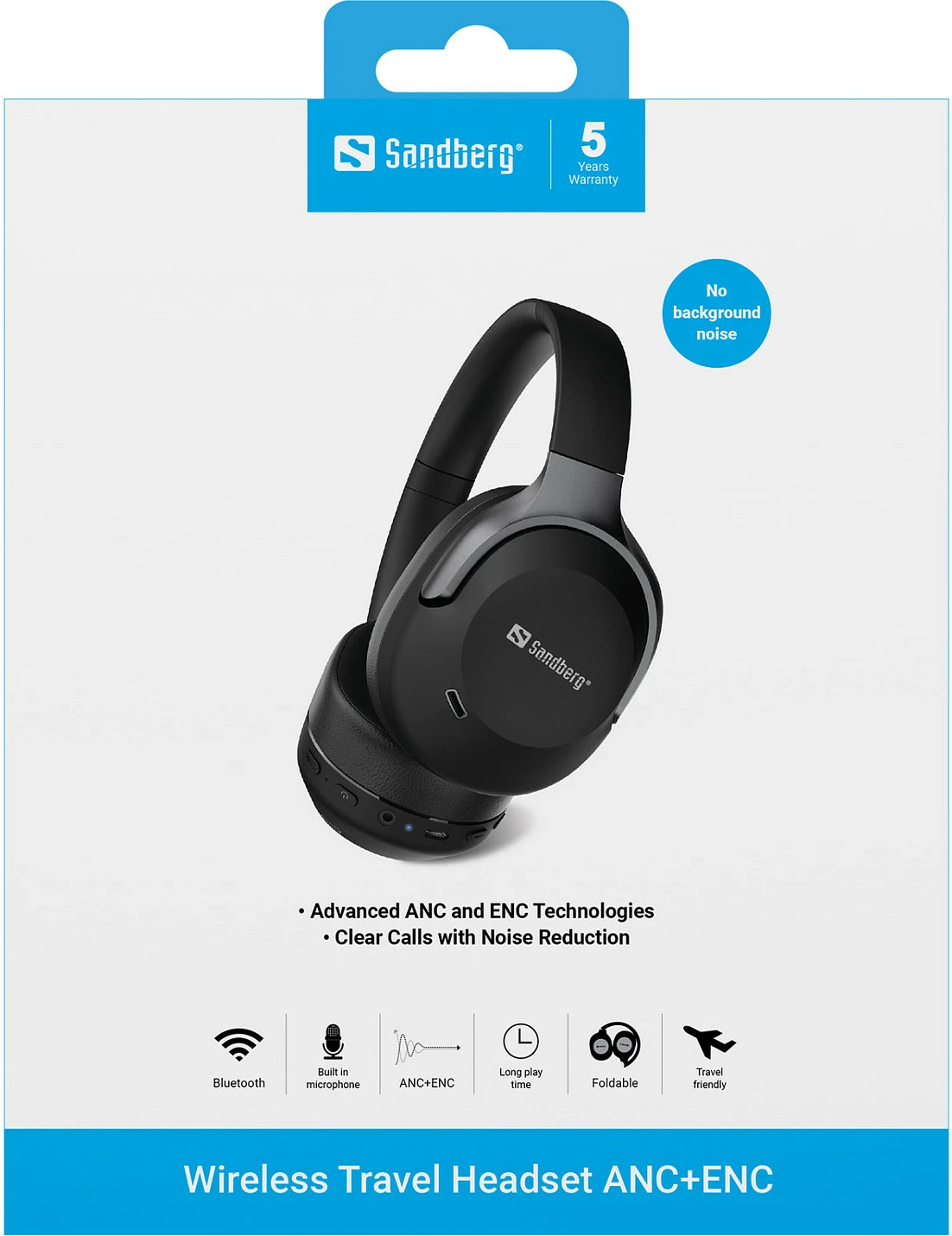 Kufje wireless Sandberg Travel Headset ANC+ENC, Bluetooth 6.0, deri 30h, të palosshme, të zeza