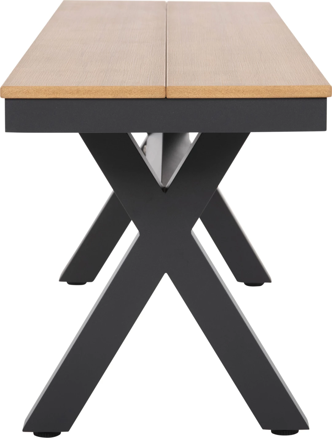 Stol alumini për jashtë, ngjyrë antracit, FH6038.01, me sipërfaqe tavoline polivudi, ngjyrë druri natyral, 150x36x45H cm