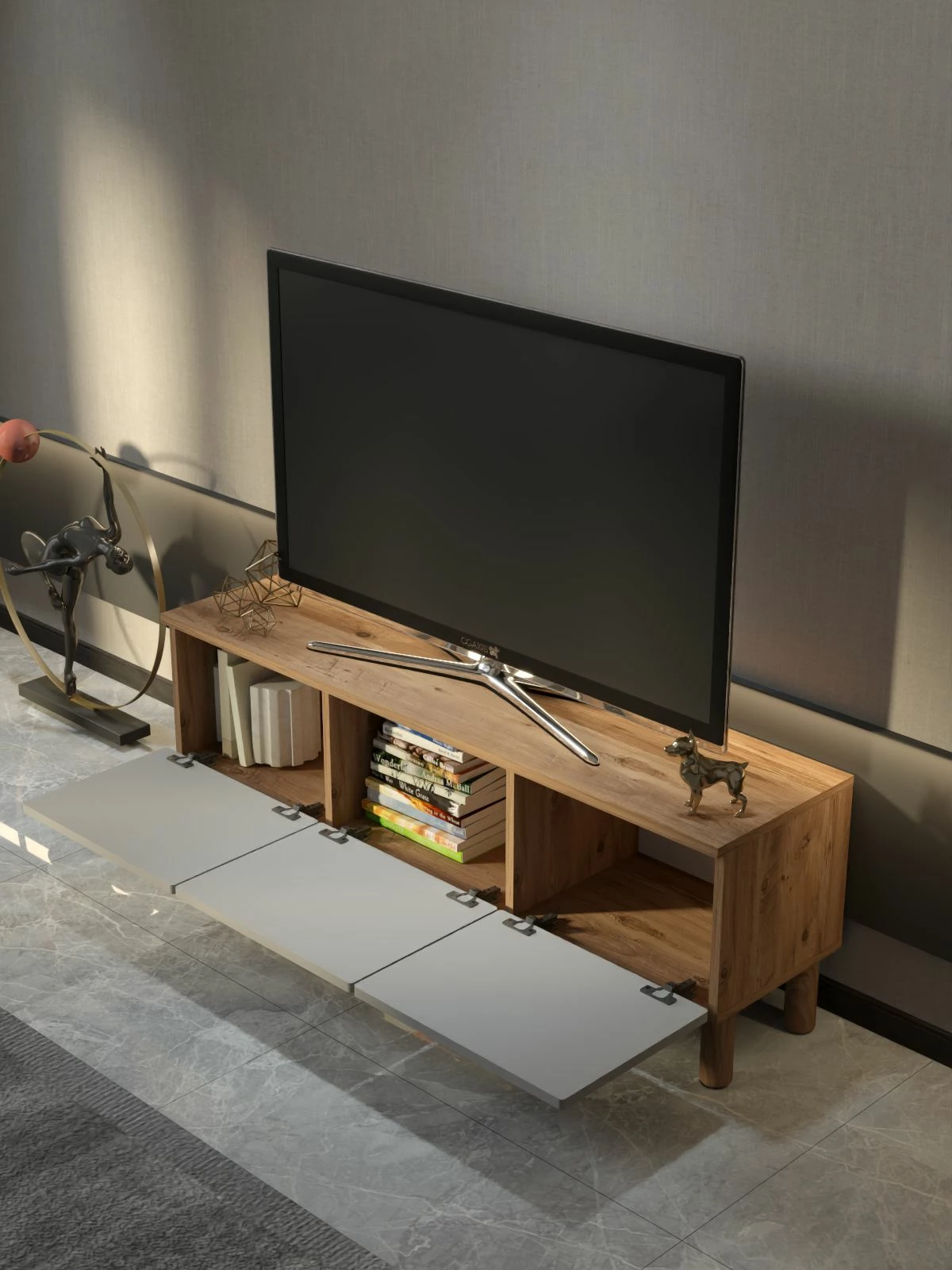 Komodë TV Skye Decor, Arcera 135, ngjyrë pishë Atlantike dhe e bardhë