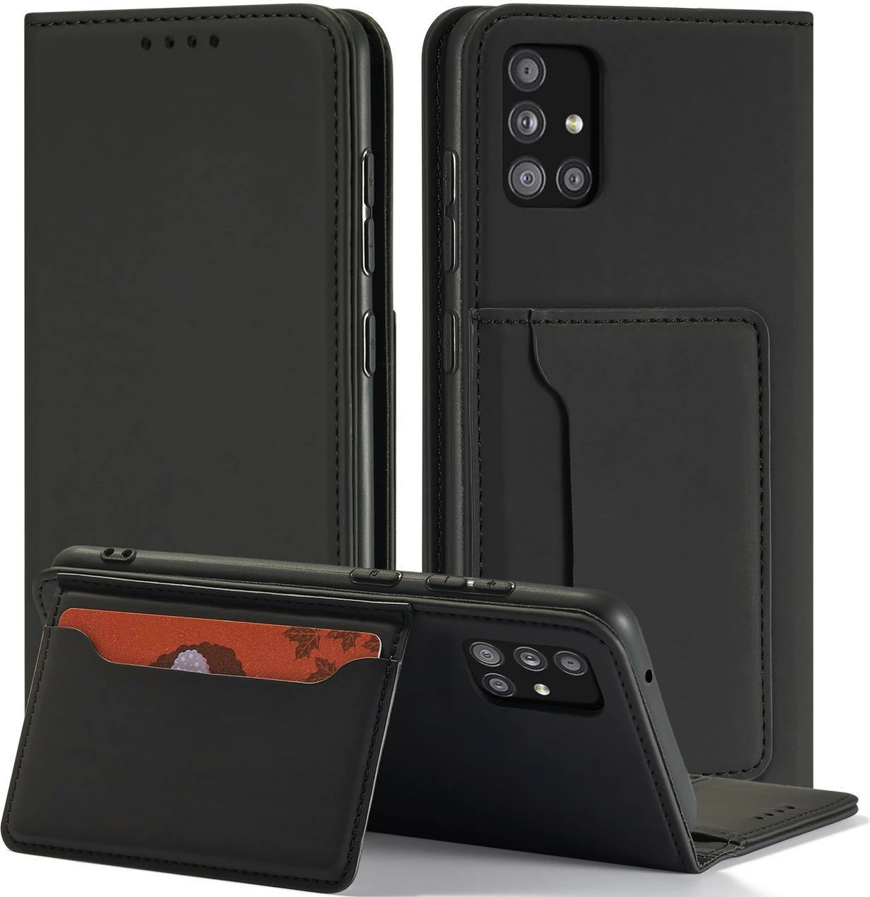 Mbështjellës Hurtel Magnet Card Case për Samsung Galaxy A12 5G, me portofol dhe mbajtëse, i zi