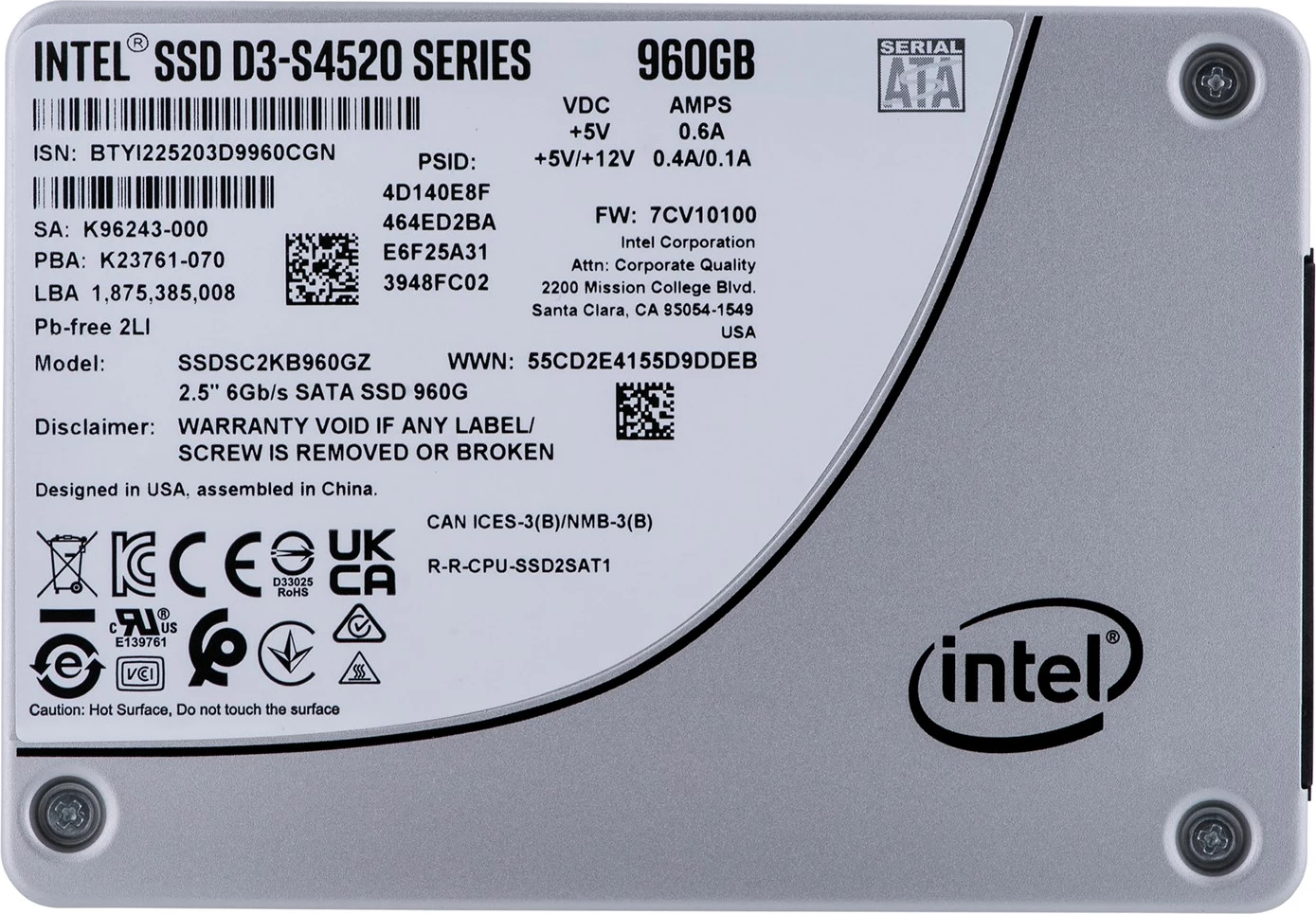 Disk i bendshëm D3 SSDSC2KB960GZ01, 2.5", 960 GB, Serial ATA III TLC, 3D NAND