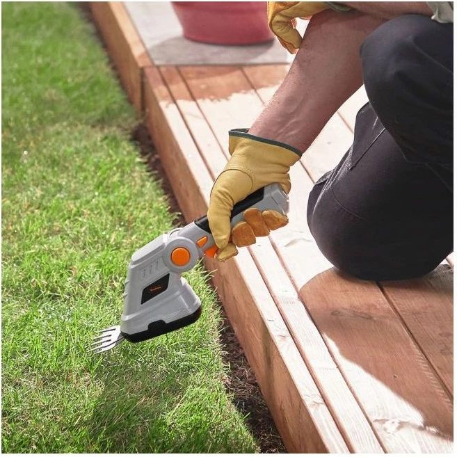 Gërshërë pa kabllo për gardh dhe bar VONHAUS 2500257 2-në-1, teh 170 mm + 90 mm, dorezë teleskopike 85–113 cm, gri/portokalli