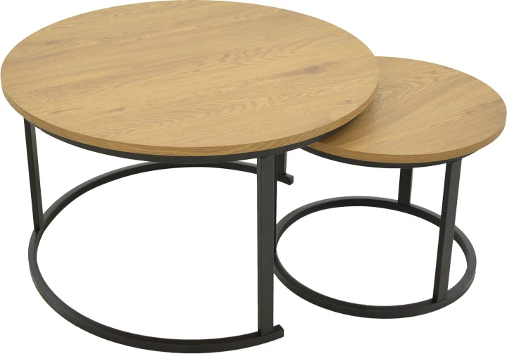 Set tavolinash kafeje Revelon, MDF, ngjyrë lisi, këmbë të zeza