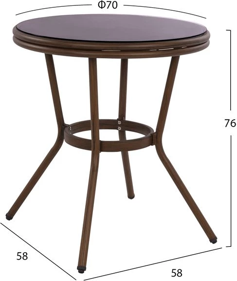 Tavolinë alumini pamje bambuje, 70x70 cm, ngjyrë kafe, me xham
