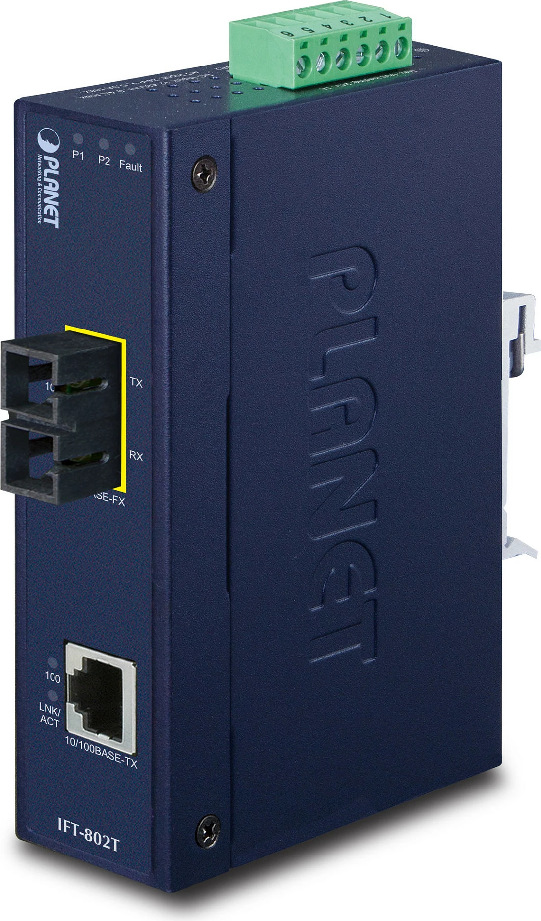Media konvertues industrial Planet IFT-802T, 10/100Base-TX në 100Base-FX, Fast Ethernet, DIN rail, 12-48V DC, i kaltër