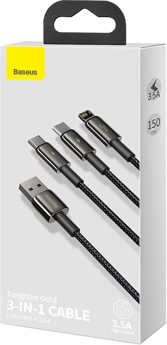Kabllo karikuese Baseus Tungsten Gold 3in1, 3x1, 3.5A, 1.5m, e zezë
