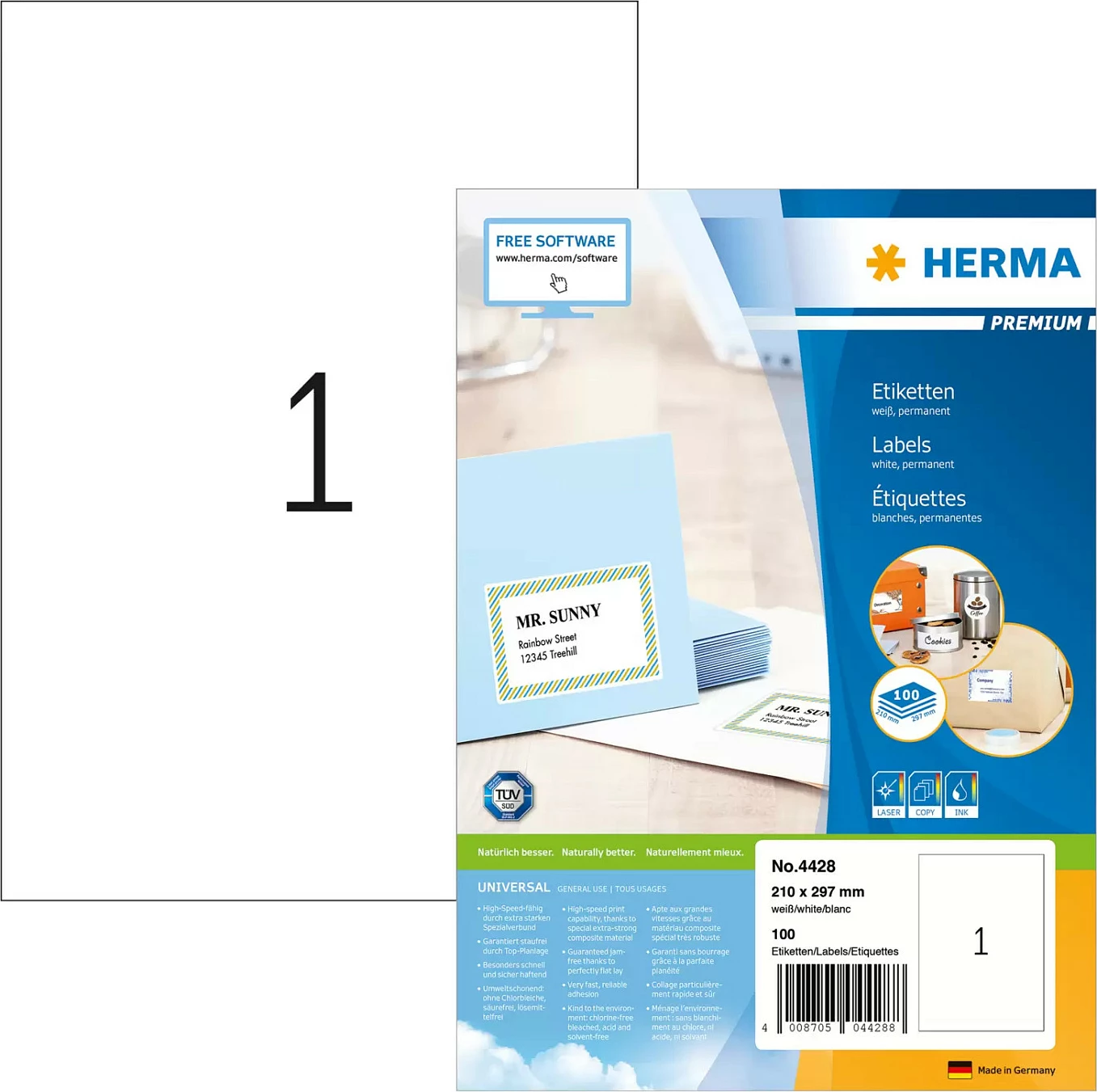 Etiketa për printer HERMA Premium No. 4428, A4 210x297 mm, 100 fletë, të bardha