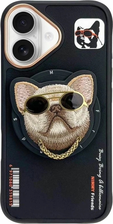 Kapak telefoni Nimmy Glasses Cool Dog MagSafe për iPhone 16, i zi
