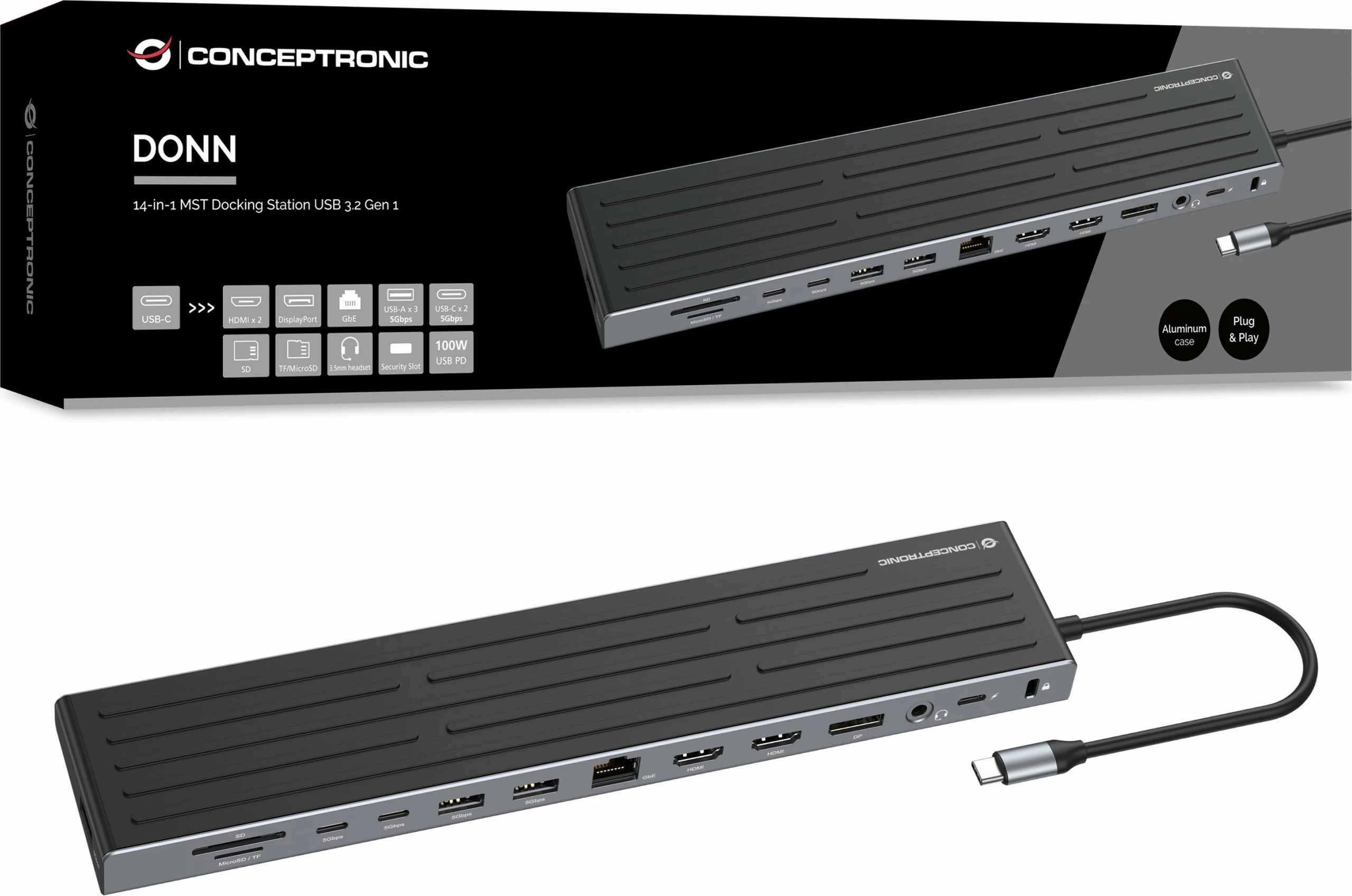 Dock Conceptronic 14-1 USB-C, 2xHDMI, DP, 2xUSB-C, 18cm, zi