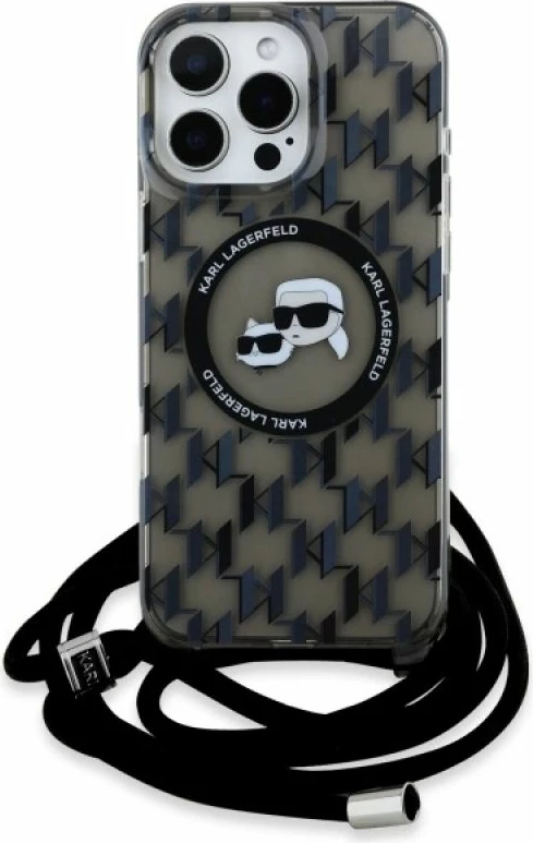 Kapak telefoni Karl Lagerfeld IML Crossbody Monogram Karl & Choupette Head MagSafe për iPhone 16 Pro Max, i zi
