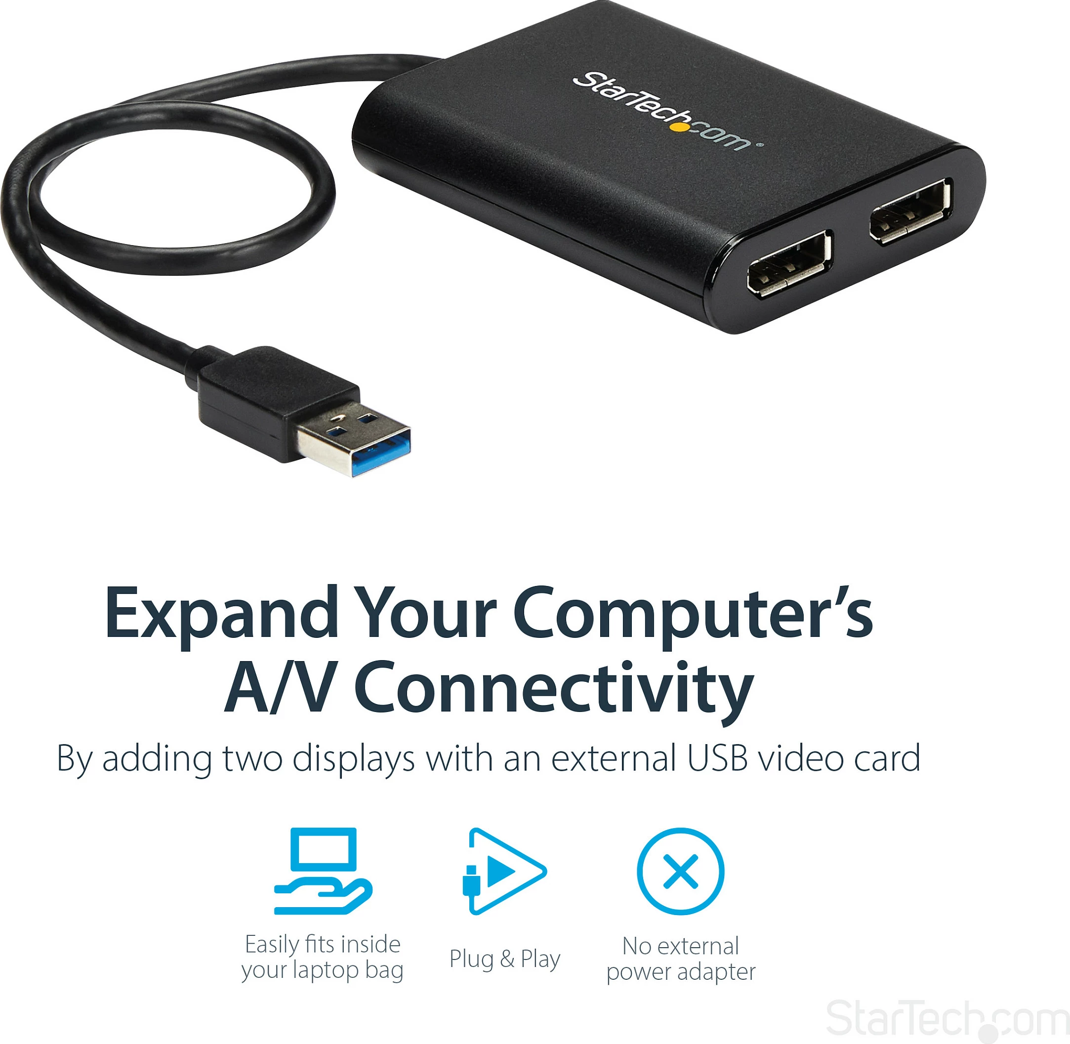 Adapter USB 3.0 në Dual DisplayPort StarTech USB32DP24K60, 2x 4K 60Hz, i zi