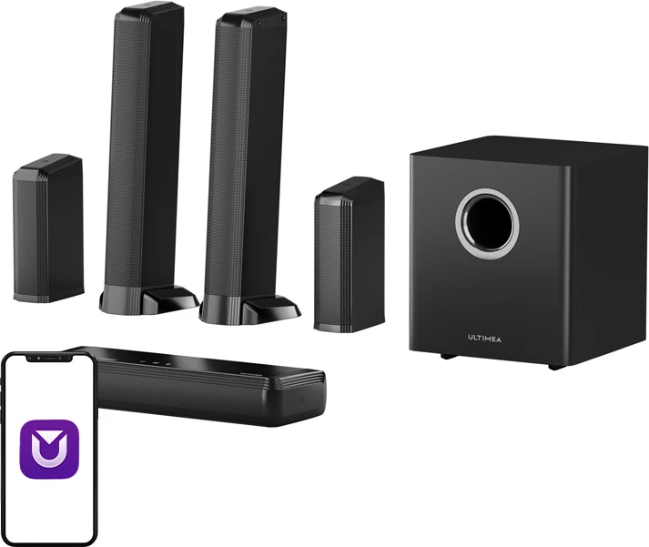 Soundbar Ultimea Apollo S90 9.1 Dolby Atmos RGB, set me subwoofer 6.5\" dhe altoparlantë rrethues, e zezë