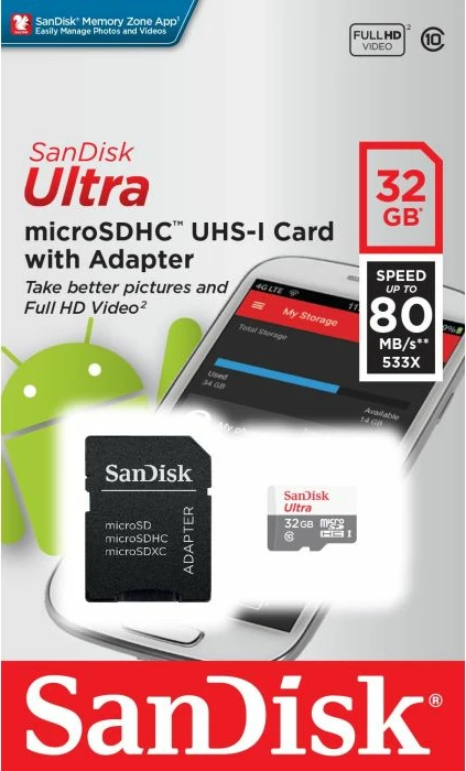 Kartelë memorje microSDHC SanDisk Ultra SDSQUNR-032G-GN3MA 32GB 100MB/s Class 10 UHS-I me adapter SD