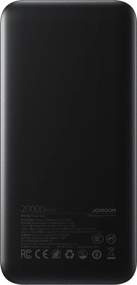 Powerbank Joyroom JR-PBF14 Pro 20000mAh 22.5W me ekran digjital, 2x USB-A 1x USB-C, e zezë