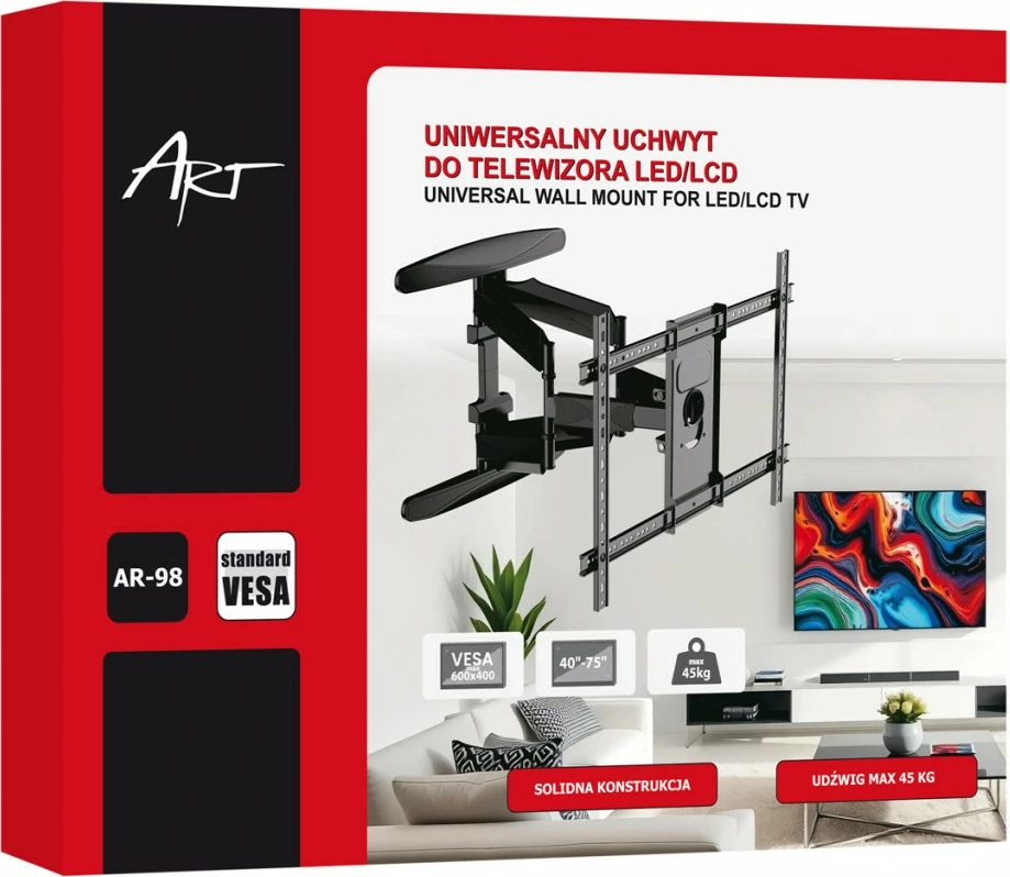 Mbajtës muri TV ART RAMT AR-98 40-75", 45 kg, rregullim vertikal/horizontal, distancë 58-500 mm, VESA 600x400, e zezë