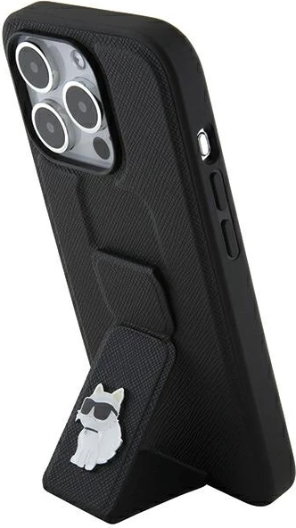 Mbështjellës Karl Lagerfeld Gripstand Saffiano Choupette Pins për iPhone 14 Pro, i zi