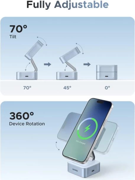 Karikues wireless magnetik 2-në-1 UGREEN MagFlow 55960B Qi2 25W, gri, me kabllo USB-C 1 m