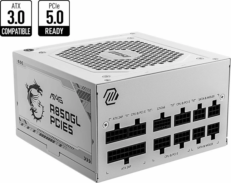 Furnizues rryme MSI MAG A850GL PCIE5 (306-7ZP8A24-CE0) 850W, 80 Plus Gold, ATX 3.1, Full Modular, i bardhë