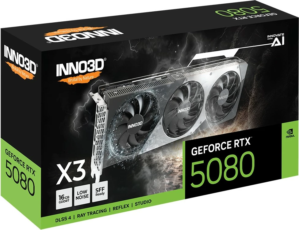 Kartelë grafike Inno3D RTX 5080 X3, 16GB GDDR7, 3 fan, e zezë/gri