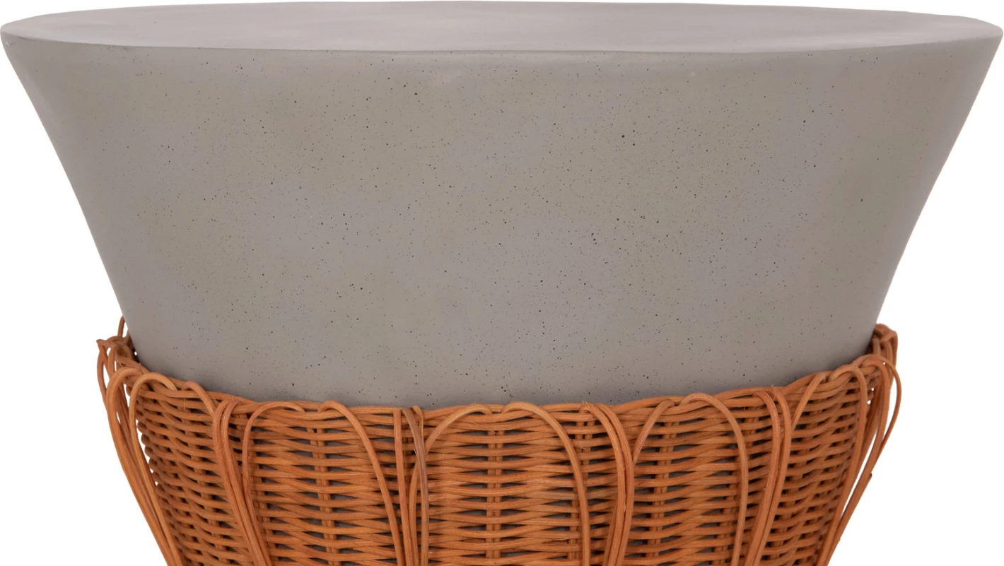 Tavolinë kafeje rrumbullake Perral, fibër-cement gri, ratan natyral, FH18164.03L, 55x45cm
