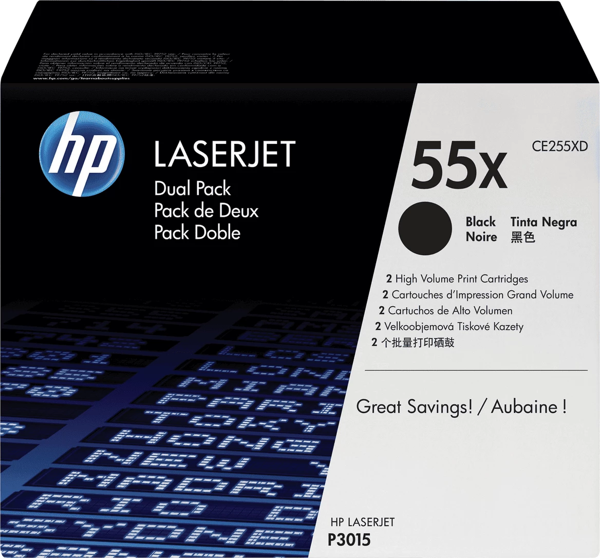 Toner HP 55X CE255XD rendiment i lartë 12,500 faqe për kartrixh XL, e zezë, paketë dyshe
