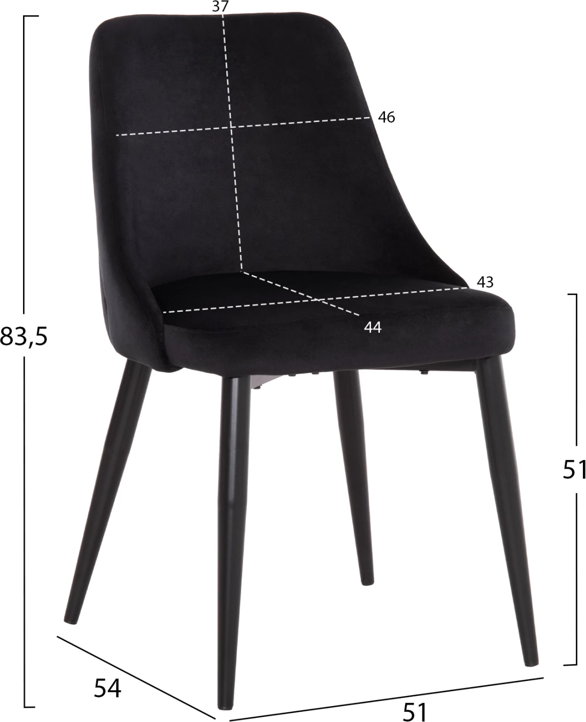 Karrige për ngrënie Serenity FH8527.14, kadife e zezë, këmbë metalike të zeza, 51x54x83.5 cm, set prej 2 copë