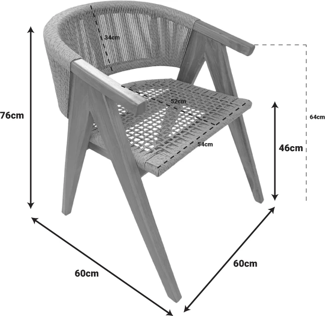 Karrige me krahë Wolly dru teak dhe litar pe, ngjyrë natyrale, 60x60x76cm