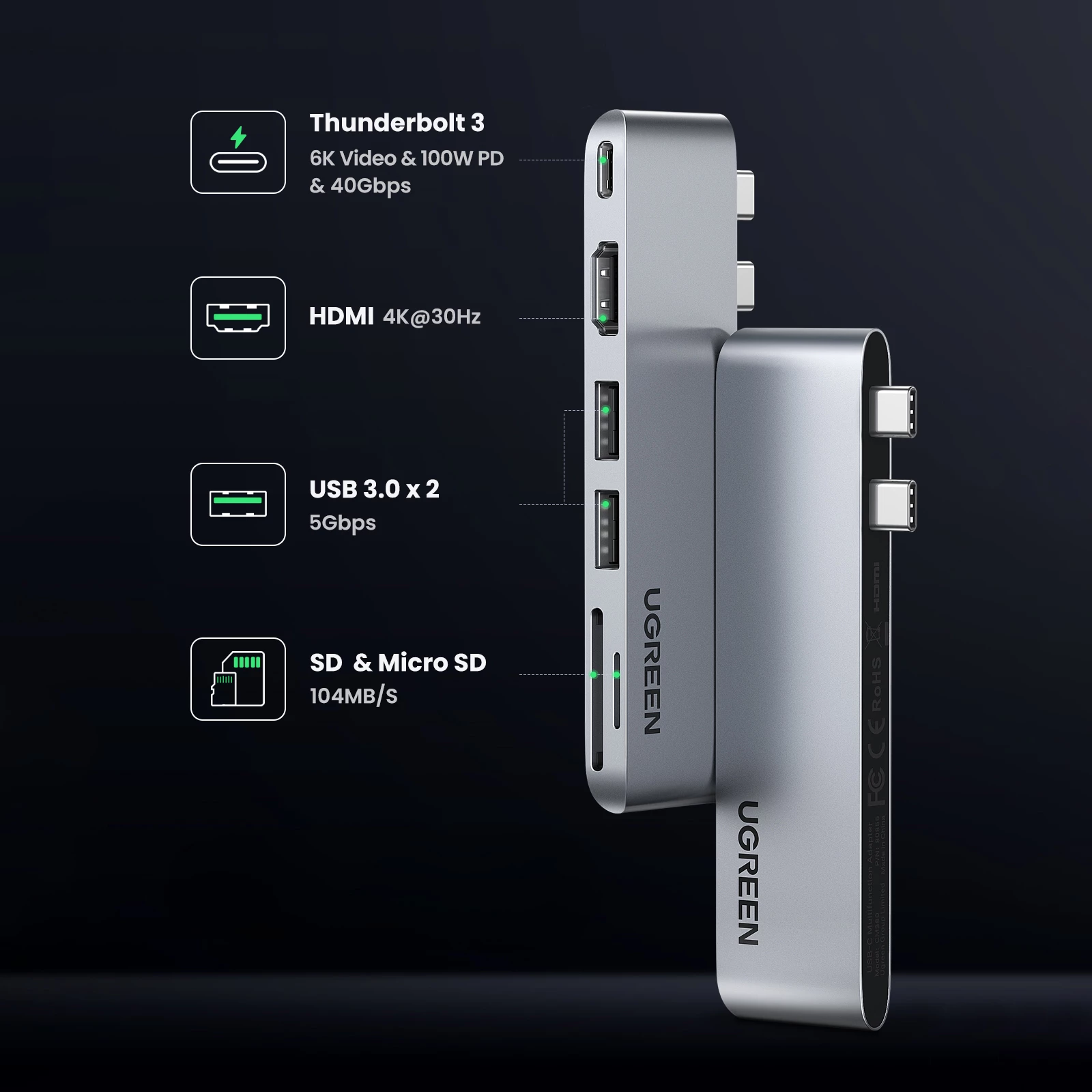 HUB Ugreen CM380, 2xUSB C, HDMI, 2xUSB 3.0, SD/TF, USB C PD, Gri