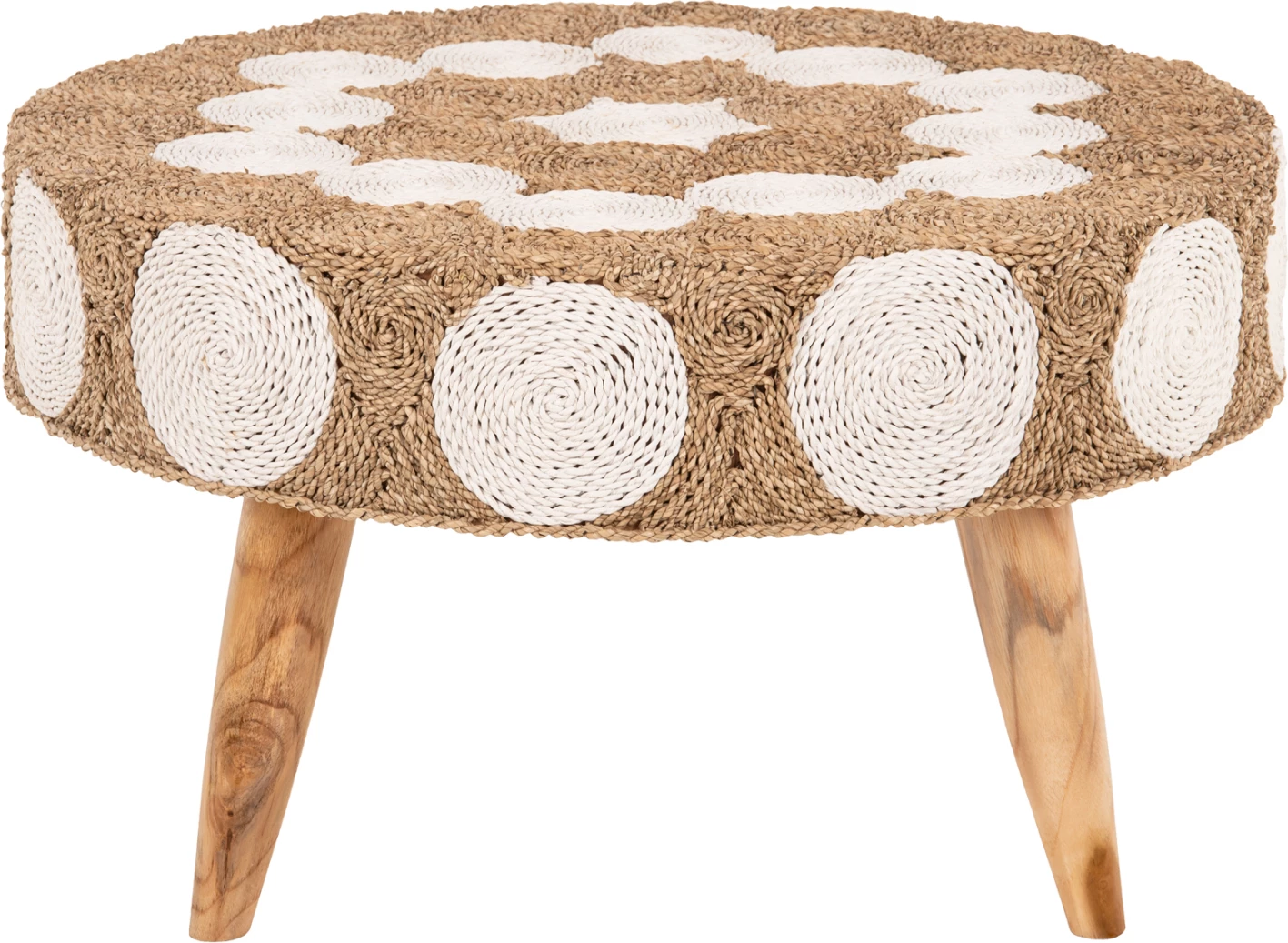 Tavolinë kafeje e rrumbullakët, dru tik dhe seagrass, ngjyrë natyrale & e bardhë, FH7825, 81x45cm