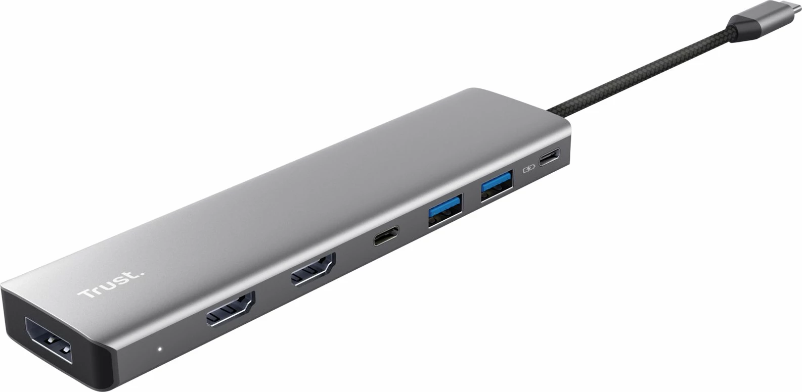Adapter multiport USB-C Trust Dalyx 25661 7-në-1 4K@60Hz PD 100W 2xHDMI 1xDisplayPort 2xUSB-A 2xUSB-C, argjendtë