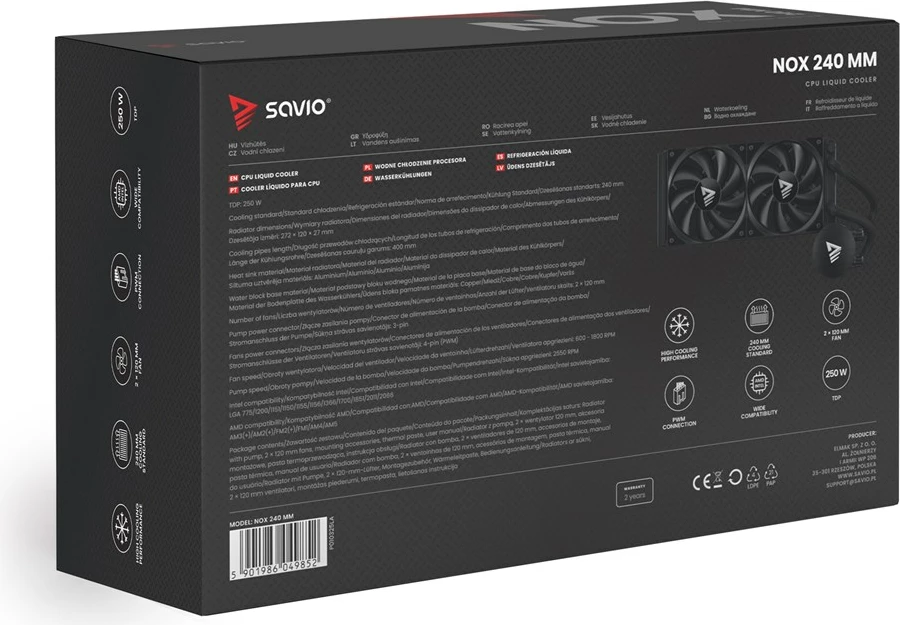 Komplet ftohje me ujë për procesor Savio NOX 240 mm, 2 ventilatorë 12 cm, i zi