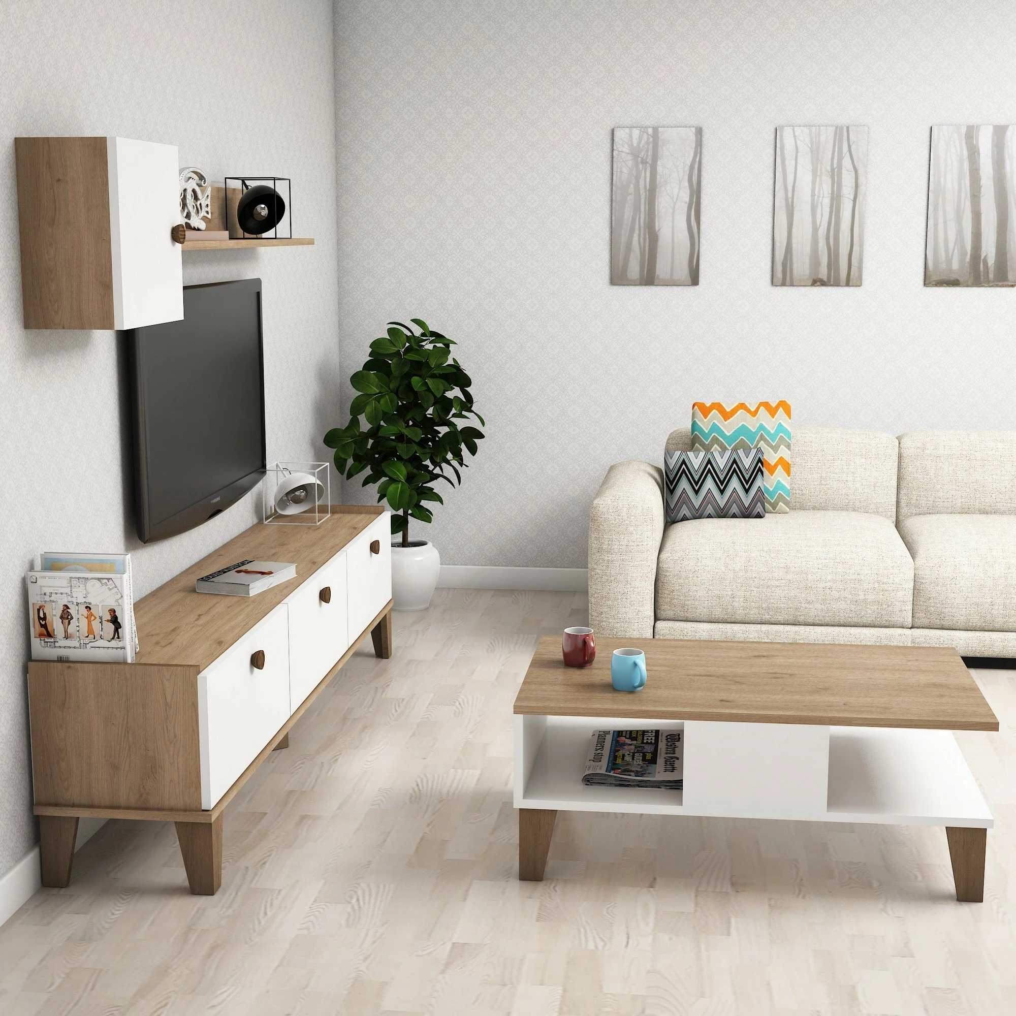 Set mobiljesh për dhomë dite, ngjyrë lis dhe e bardhë, Sumer 1, Hanah Home