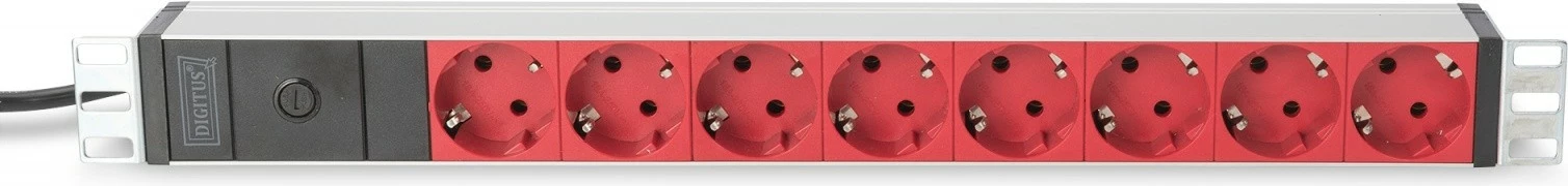 Prizë rack Digitus DN-95410-R, 8x Schuko, 1U, 2m, C14, Alumini, E zezë/e kuqe