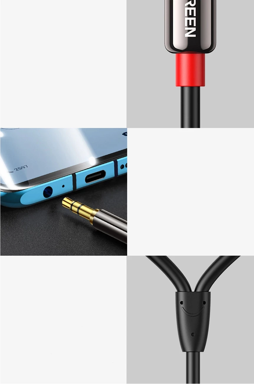 Kabllo audio Ugreen AV116 10584, mini jack 3.5mm në 2RCA, 2m, e zezë