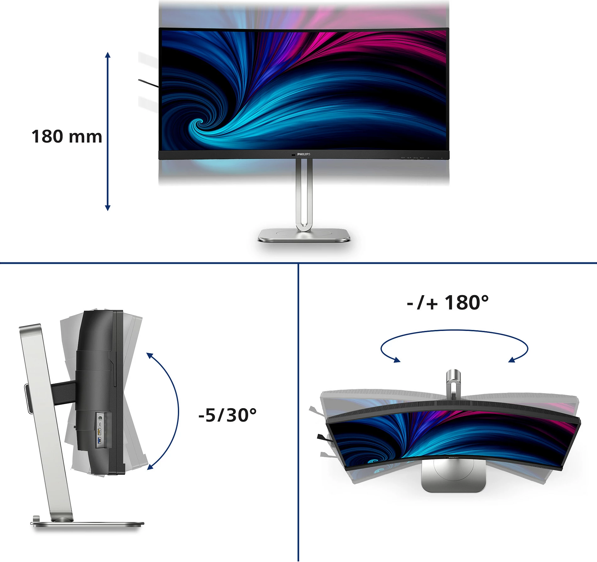 Monitor Philips 34B2U5600C/00, 34 inç, Dual QHD, LCD, USB-C, Gri