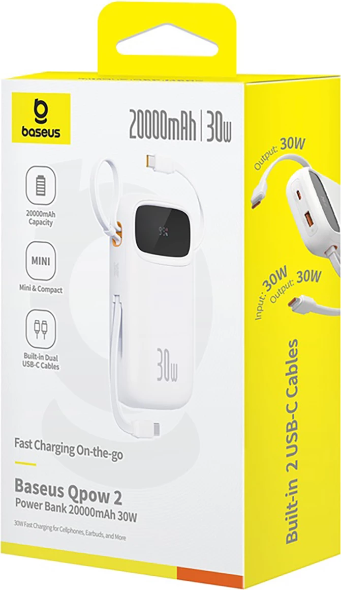 Power bank Baseus QPow 2, 20000mAh, 30W, me 2 kabllo USB-C të integruara, Bardhë