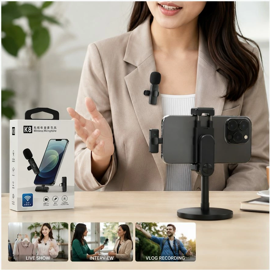 Mikrofon Wireless K8 me Marrës USB-C dhe Lightning për Video, Vlog dhe Intervista