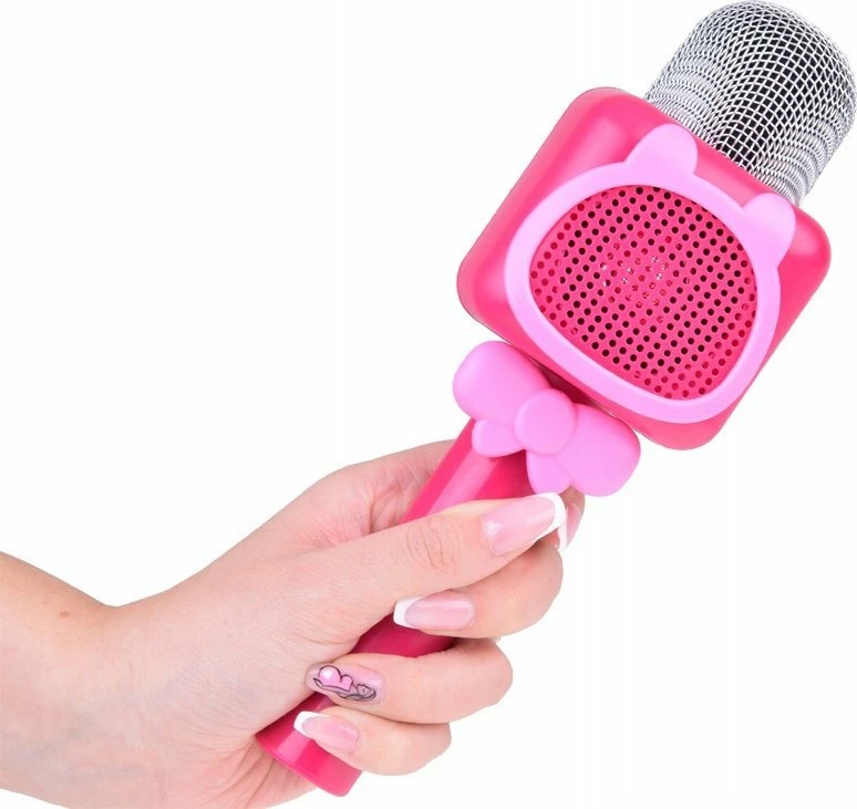 Mikrofon karaoke pa tela Jokomisiada IN0168 me Bluetooth, regjistrim 15s, 1200mAh, 23cm, rozë, set me kabllo USB
