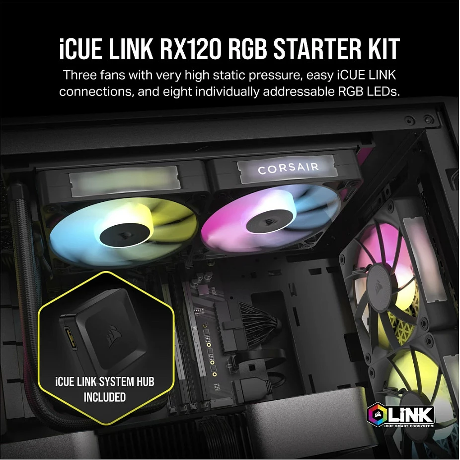 Ventilatorë për kasë Corsair iCUE LINK RX120 RGB, 120mm, 3 copë, të zi