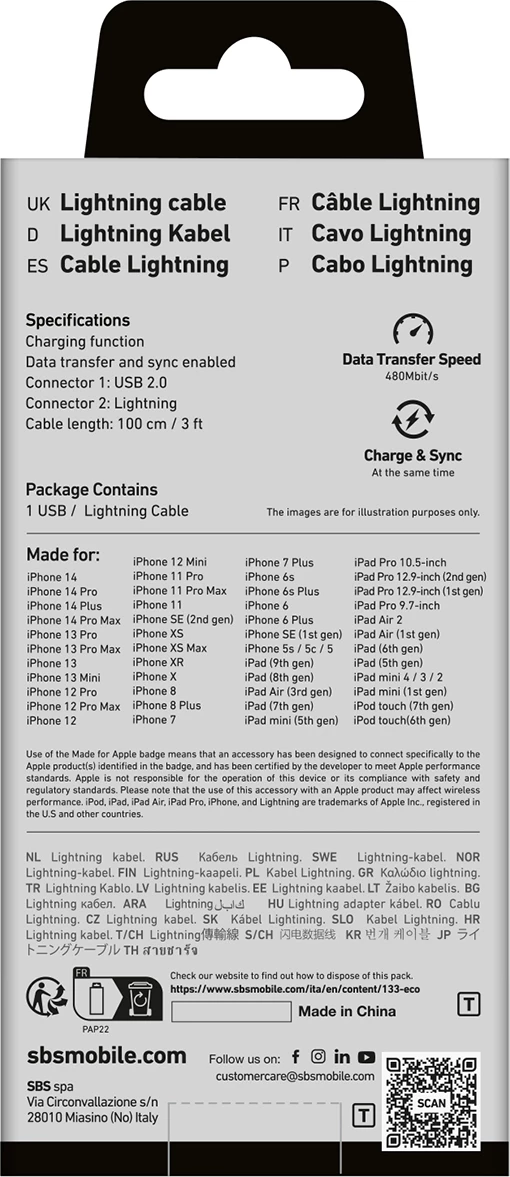 Kabllo USB-A në Lightning SBS TECABLEUSBIP589K, 1m, e zezë