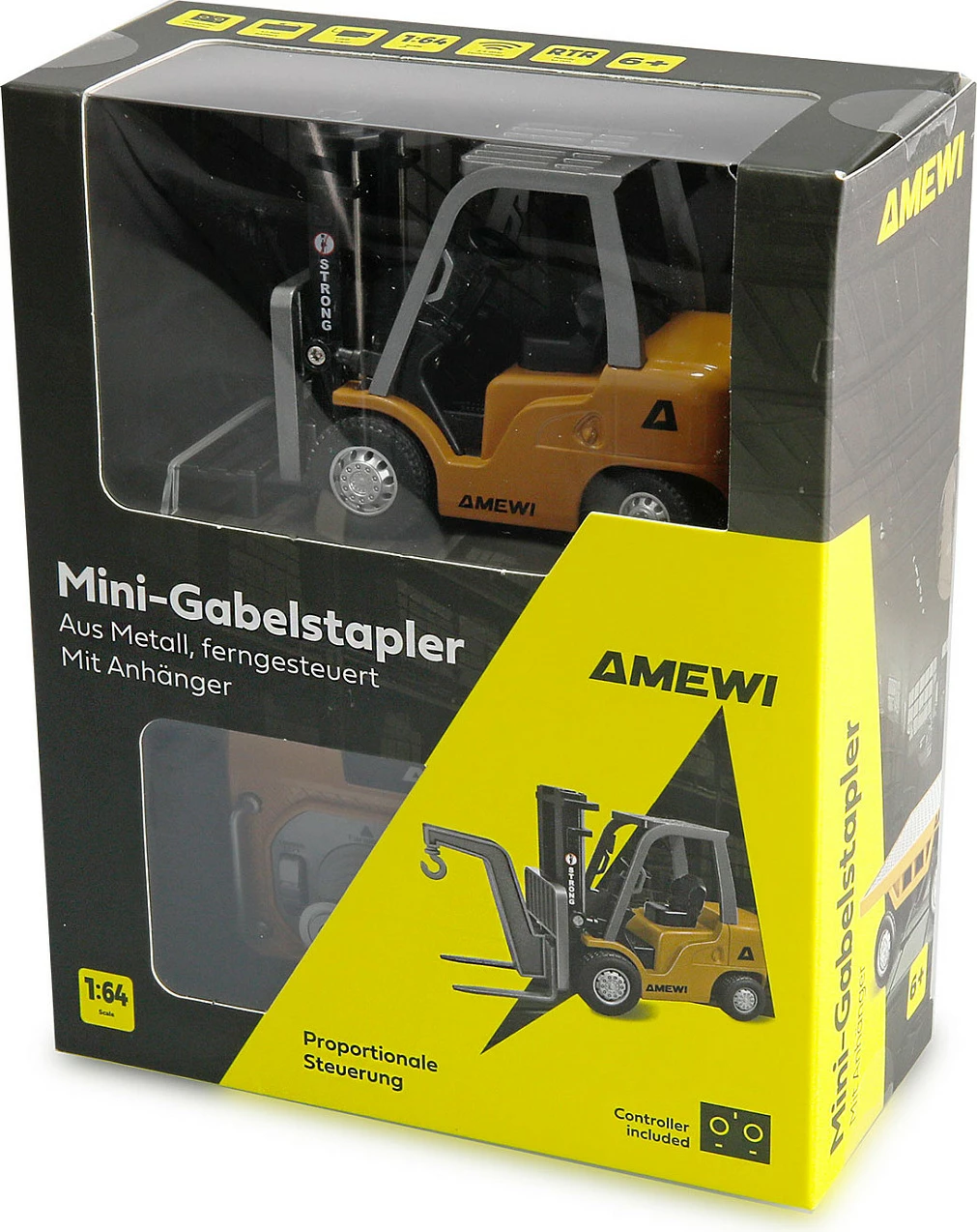 Forklift me telekomandë AMEWI Mini-Gabelstapler 1:64 RTR, me rimorkio, 8-kanalësh, 2.4 GHz, zi/gri/verdhe