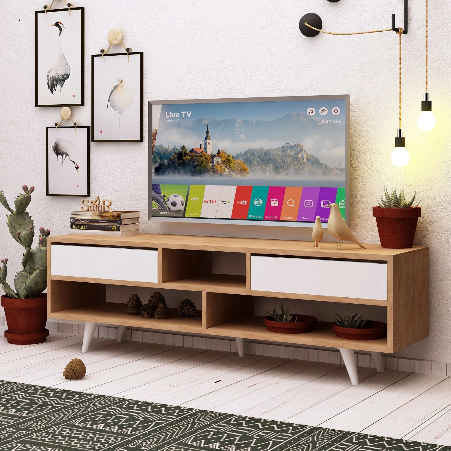 Komodë TV Hanah Home, Glasgow, ngjyrë lis dhe e bardhë