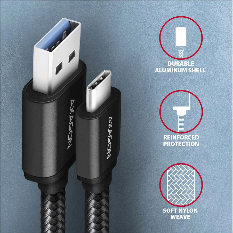 Kabllo USB-C në USB-A Axagon BUCM3-AM10AB, USB 3.2 Gen 1, 1m, e zezë