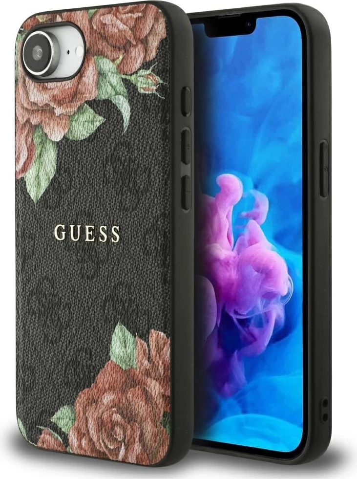 Mbështjellës Guess 4G Flowers Print MagSafe për iPhone 16e, i zi