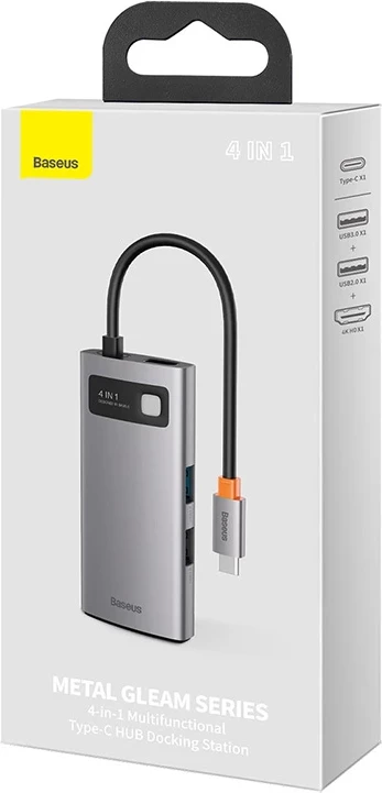 Kasë Baseus Metal Gleam Series 4in1, CAHUB-CY0G, USB-C në USB 3.0 + USB 2.0 + HDMI + USB-C PD, Gri