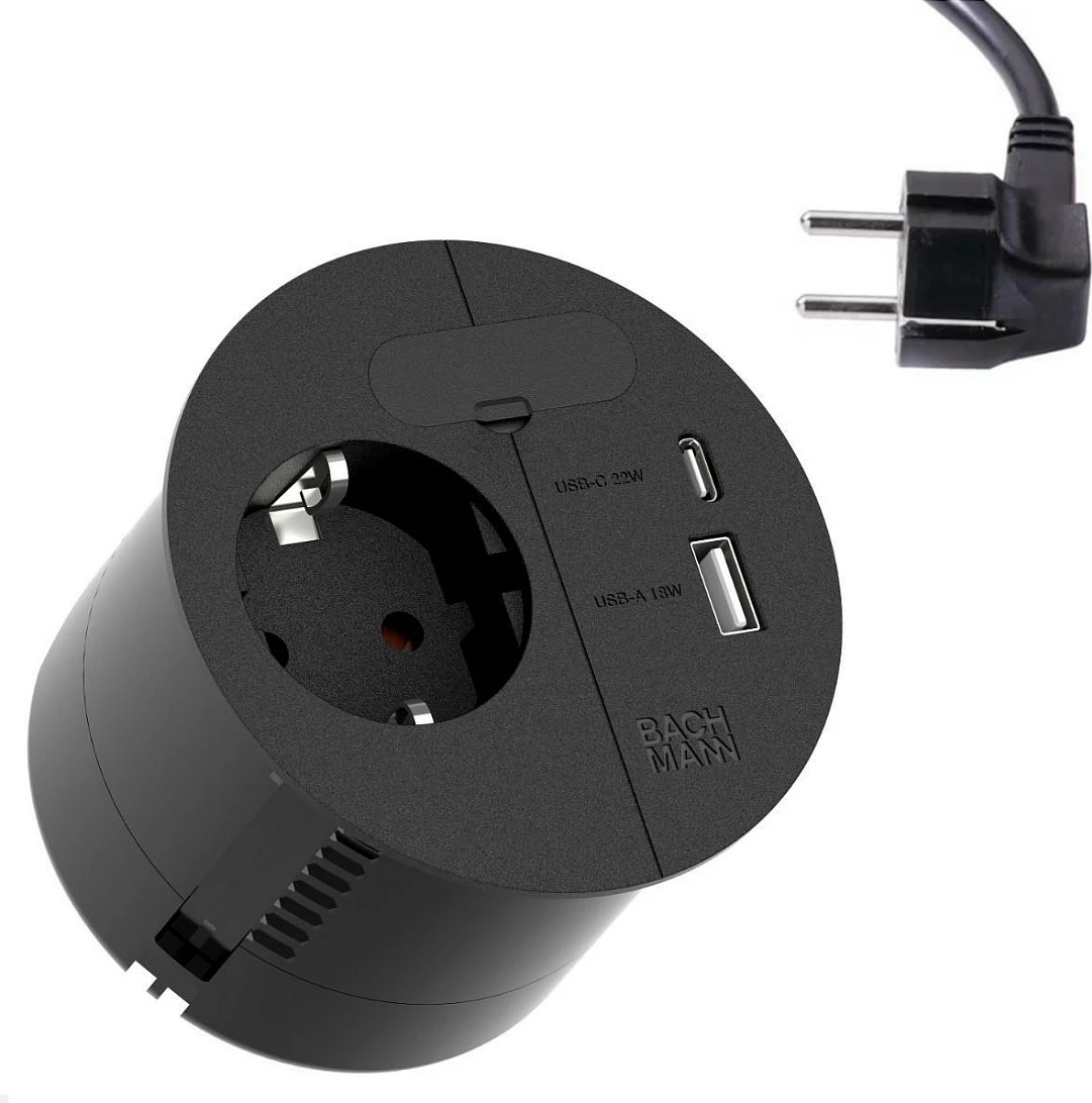 Prizë tavoline Bachmann Loop In Charge, Schuko CEE7/3 + USB-A/USB-C 22W PD, kabllo 2m, e zezë