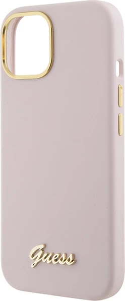 Mbështjellës Guess Silicone Script Metal Logo & Frame për iPhone 15, Rozë