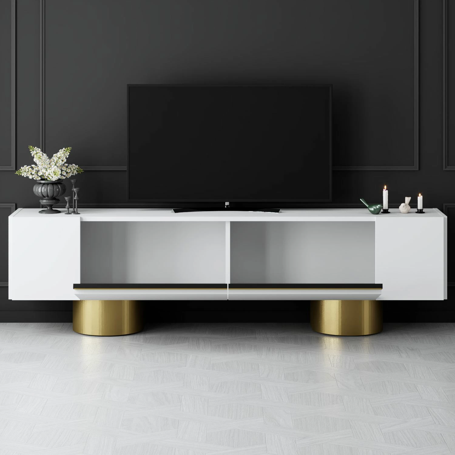 Komodë TV Hanah Home, Bohem, e bardhë dhe ari
