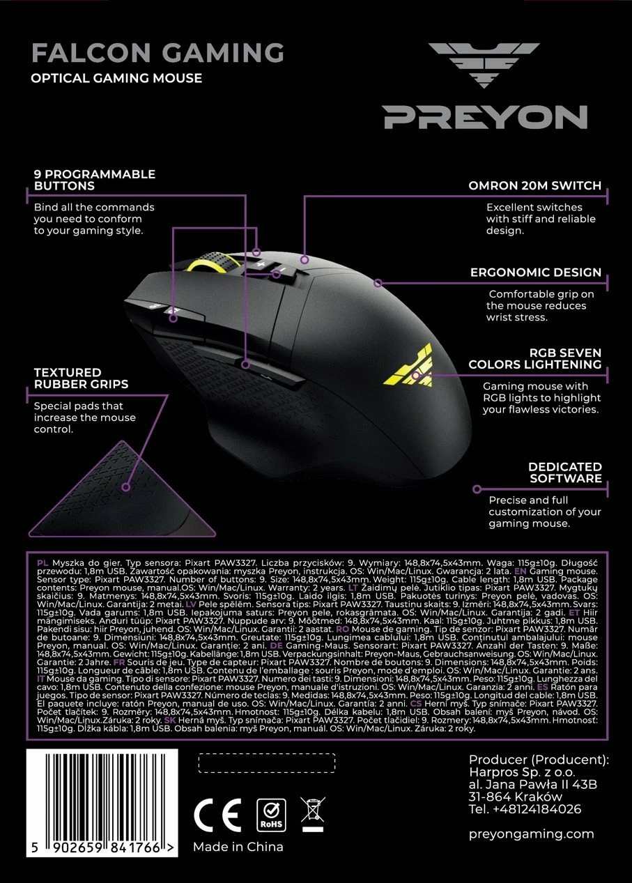 Maus gaming PREYON Falcon PFG27B, 12400 DPI, 9 butona, USB me kabllo, RGB, i zi